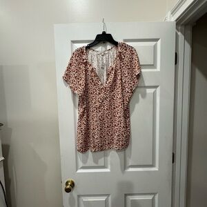 LOFT Pink and White V-Neck Flutter Sleeve Blouse